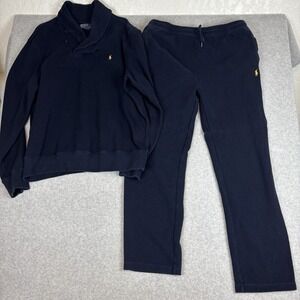 VTG Ralph Lauren Polo Cotton Sweatsuit Shawl Neck Blue Set Sz XL Pants XXL Top